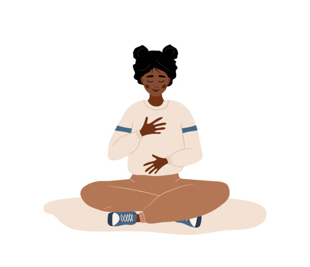 ilustraciones, imágenes clip art, dibujos animados e iconos de stock de respiración abdominal. mujer africana que practica la respiración del vientre para la relajación. ejercicio de yoga de conciencia de la respiración. meditación para el cuerpo, la mente y las emociones. práctica espiritual. ilustración vectorial de d - exhalar