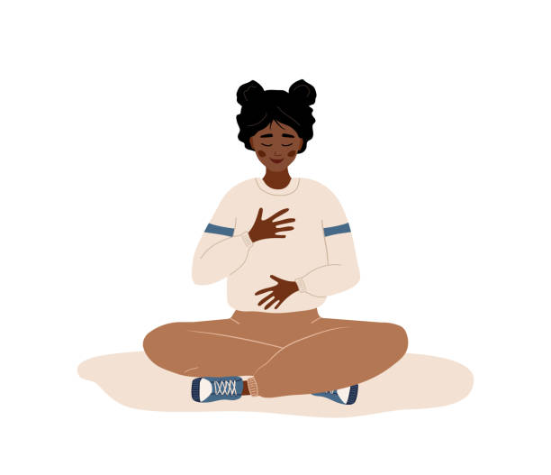 stockillustraties, clipart, cartoons en iconen met abdominal breathing. african woman practicing belly breathing for relaxation. breath awareness yoga exercise. meditation for body, mind and emotions. spiritual practice. cartoon vector illustration - breathing