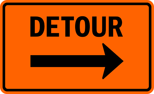 Detour right arrow sign. White on orange background. Traffic signs and symbols.