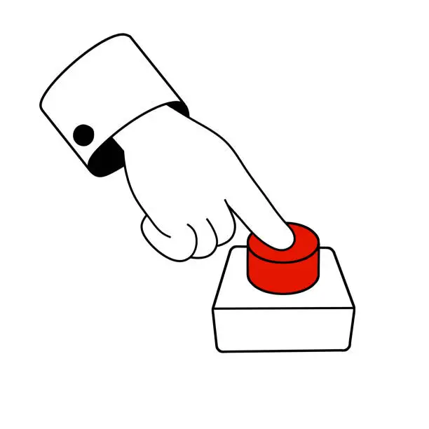 Vector illustration of Finger presses the red button. Start and Launching a startup. Outline hand. Cartoon illustration
