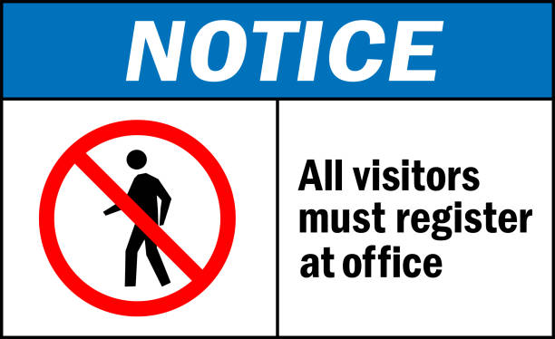 ilustrações de stock, clip art, desenhos animados e ícones de all visitors must register at office notice sign. - construction industry business warning symbol