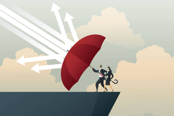 geschäftsmann und geschäftsfrau mit regenschirm rot schützen pfeile regen fallen auf klippen. - cliff finance risk uncertainty stock-grafiken, -clipart, -cartoons und -symbole