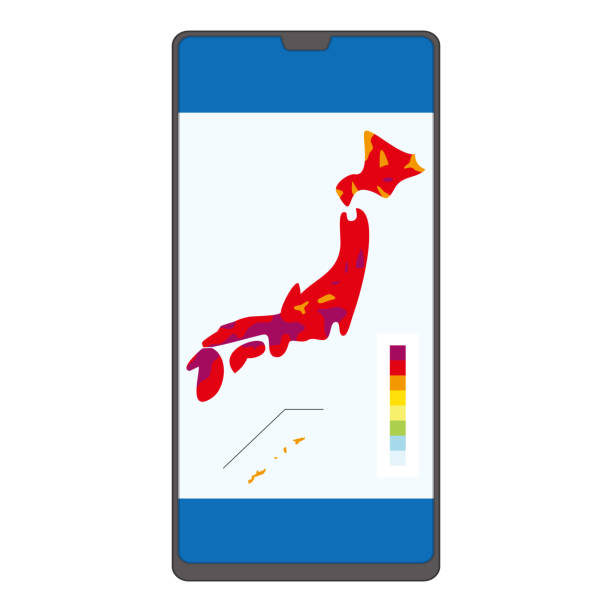 ilustracja smartfona wyświetlającego kolorową mapę japonii. - weather meteorologist meteorology symbol stock illustrations