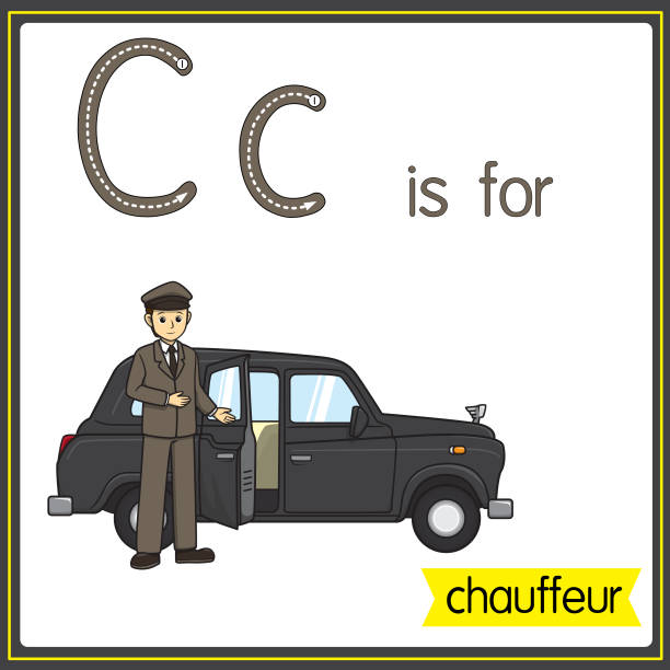 ilustrações, clipart, desenhos animados e ícones de ilustração vetorial para aprender o alfabeto para crianças com imagens de desenhos animados. a carta c é para motorista. - chauffeur limousine hat driver