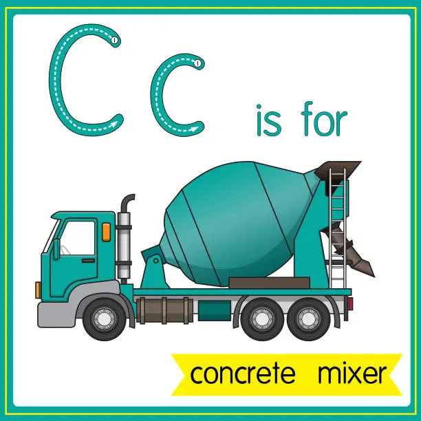 Vector illustration of Vector illustration for learning the alphabet For children with cartoon images. Letter C is for concrete mixer.