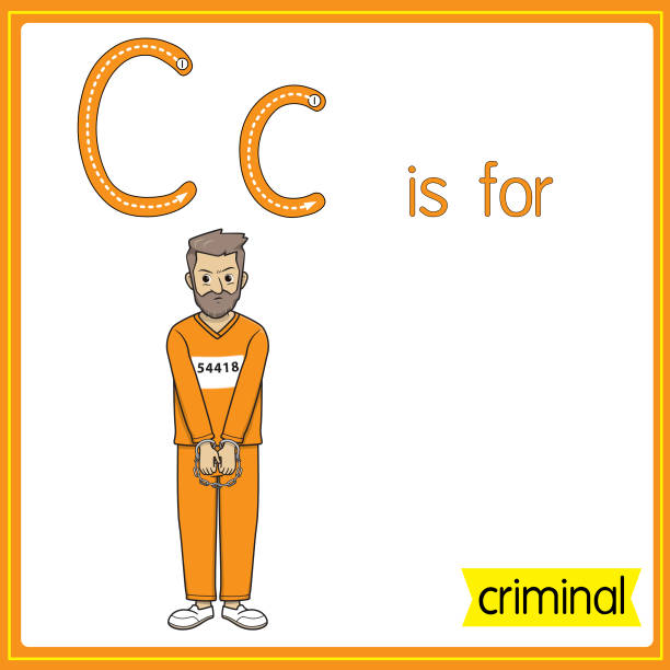 Vector illustration for learning the alphabet For children with cartoon images. Letter C for criminal. Vector illustration for learning to write letters English with cartoons for children Uppercase and lowercase, stroke, write, do, stickers, cut and paste, learning pages for kids. police interview stock illustrations