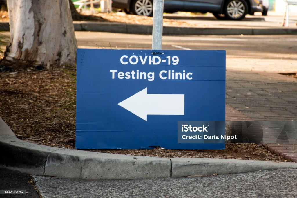 COVID-19 testing clinic sign. Coronavirus outbreak COVID-19 testing clinic sign. Coronavirus delta outbreak Medical Test Stock Photo