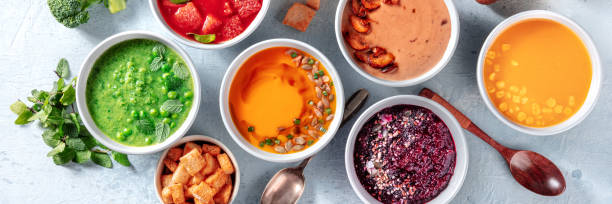 istock Vegan soup assortment panorama with many different vegetable cream soup 1332431288