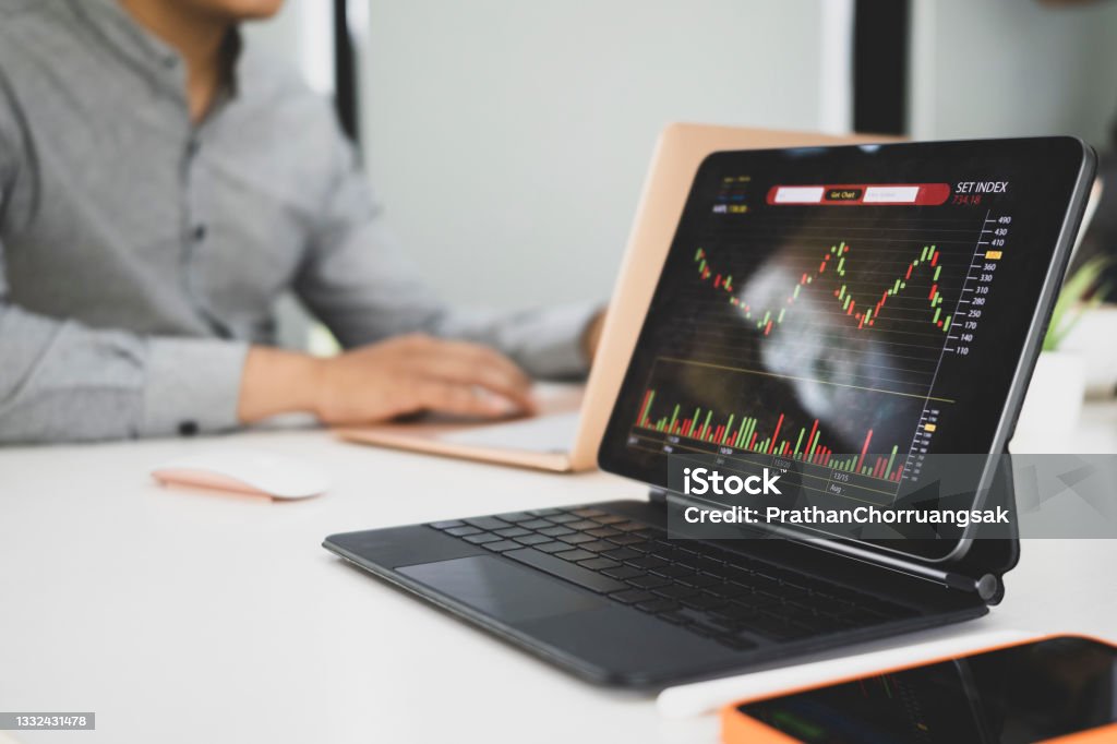 Computer Showing Statistical Values Statistics Graphs On Screen Of Computer Tablet Desktop Stock Photo ...