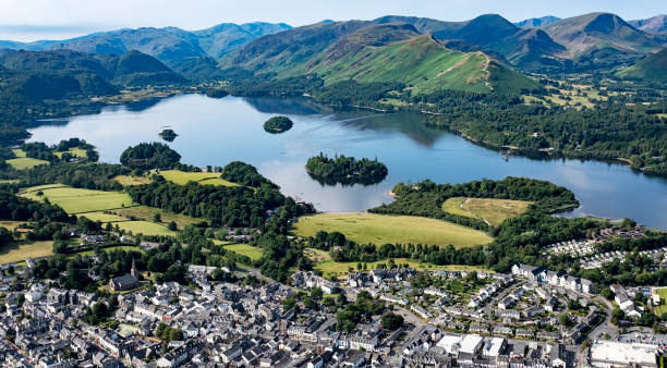 Derwentwater, The Islands and the Jaws of Borrowdale as Seen From Above Aerial view of Derwentwater keswick stock pictures, royalty-free photos & images