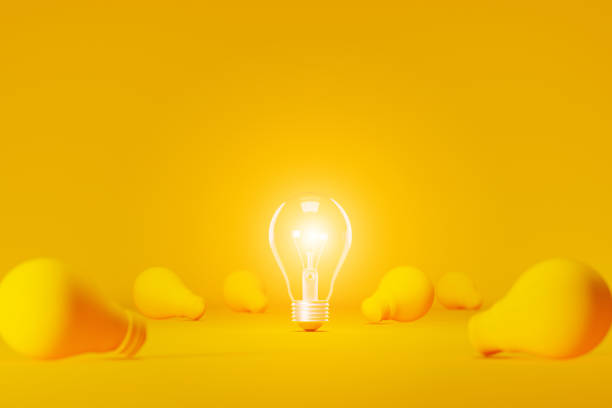 istock Light bulb bright outstanding among lightbulb on yellow background. Concept of creative idea and innovation, Unique, Think different, Individual and standing out from the crowd. 3d illustration 1332434806