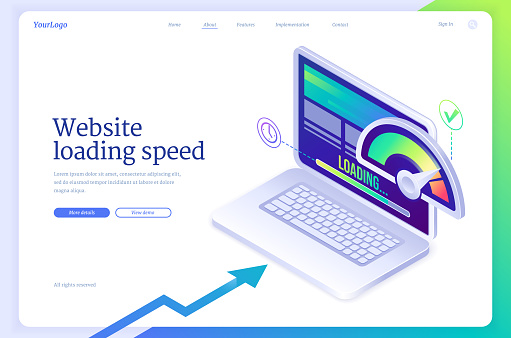 Website loading speed isometric landing page. Mobile site optimization digital concept, laptop with speedometer on screen. Internet page quick traffic loading, engine plugin test 3d vector web banner