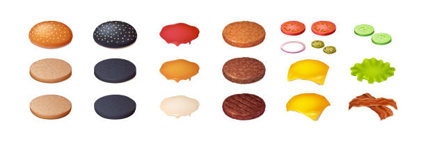 ilustrações de stock, clip art, desenhos animados e ícones de set of burger ingredients, hamburger constructor - hamburger