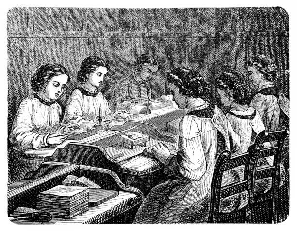 Gold Gilding ,Sorting and filling Gold leaf of the squeeze forms. Illustration of a Gold Gilding ,Sorting and filling of the squeeze forms. book binding illustrations stock illustrations