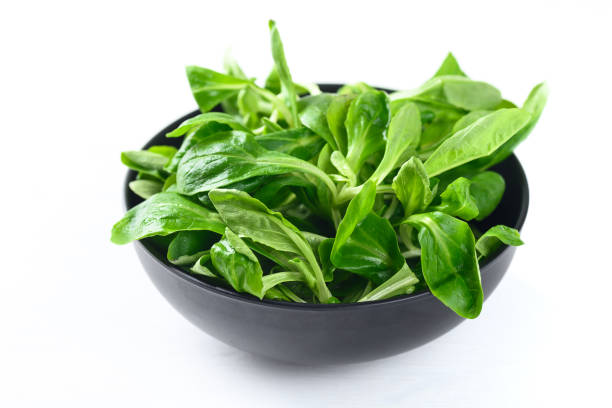 istock Corn salad or lamb's lettuce in a black bowl on white background 1332438641