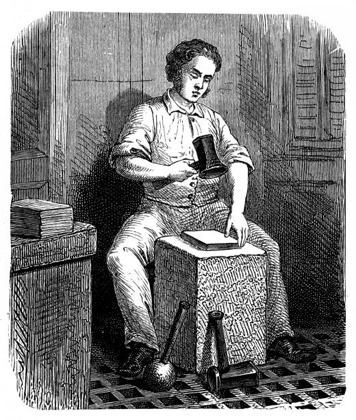 Goldbeating is the process of hammering gold into an extremely thin unbroken sheet for use in gilding Illustration of a Goldbeating is the process of hammering gold into an extremely thin unbroken sheet for use in gilding book binding illustrations stock illustrations