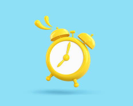 Wake up time. Yellow alarm clock isolated on blue background. 3D rendering