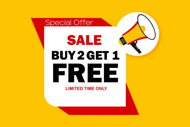 Vector illustration of Web banner with megaphone announcing buy two get one free