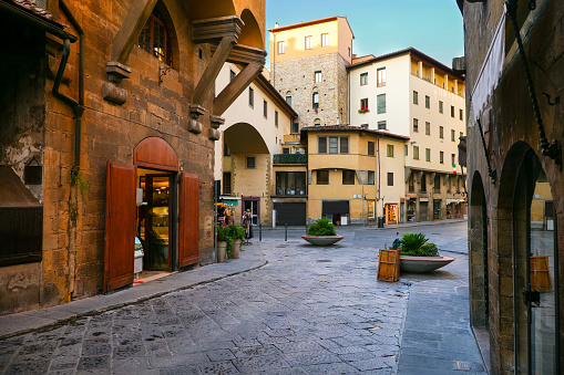 A glimpse of Ponte Vecchio and the Vasari corridor in the historic and medieval heart of Florence