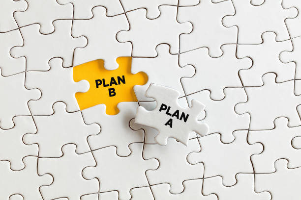 Plan A and plan B words on the missing puzzle pieces. Choosing an alternative plan
