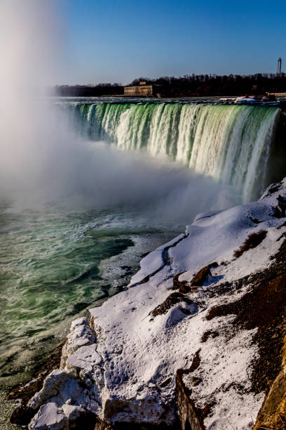 Tourists are enjoying the view of Niagara Falls in winter, Ontario, Canada.