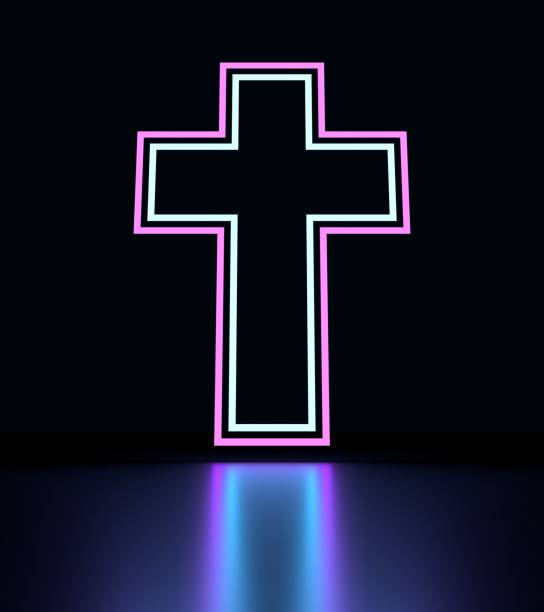istock Neon shine thin line christianity cross with reflection 1332443115