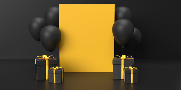 Gift card for shopping on special holiday events like Christmas, Thanks Giving day or Birthday. Global eCommerce, online trade and consumer behavior concept. Free shipping and special sale offer. Yellow and black present celebration in 3D rendered template background with large copy space.