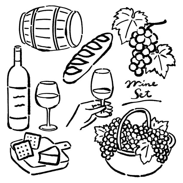 prosty rysunek liniowy w japońskim tuszu malowanie stylem ilustracji wektorowej wina i winogron - cheese wine white background grape stock illustrations