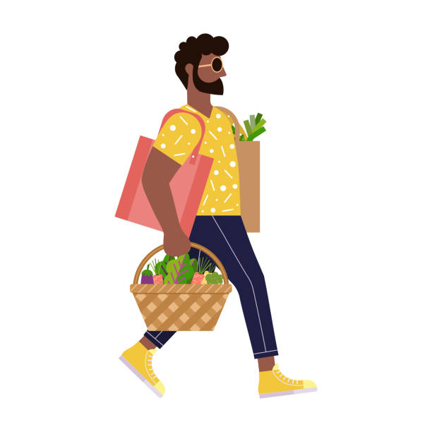 ilustrações de stock, clip art, desenhos animados e ícones de afro american man on zero waste shopping - man eating healthy