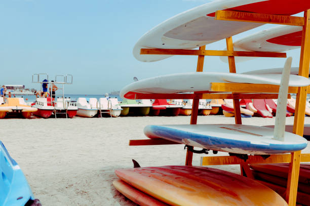 istock Surfboards stacked on the rack on a beach 1332446465