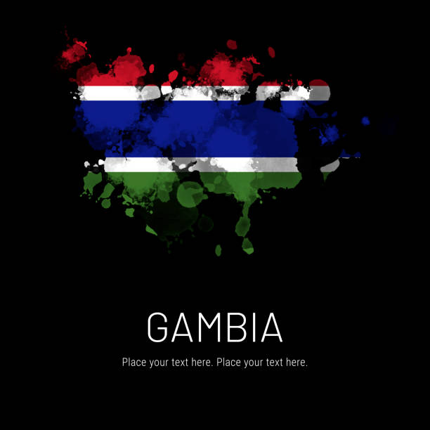 Flag of Gambia ink splat on black background. Splatter grunge effect. Copy space. Solid background. Text sample.