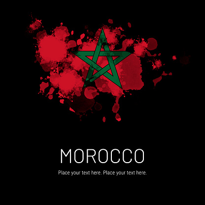 Flag of Morocco ink splat on black background. Splatter grunge effect. Copy space. Solid background. Text sample.