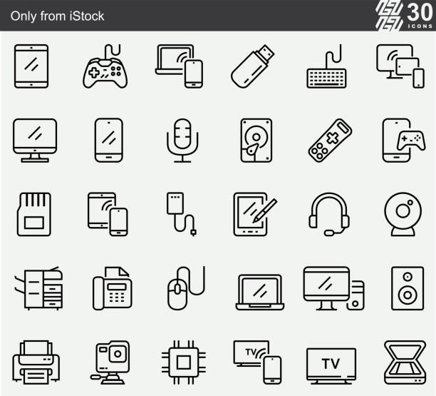 ikony linii łączące urz�ądzenia - computer part audio stock illustrations