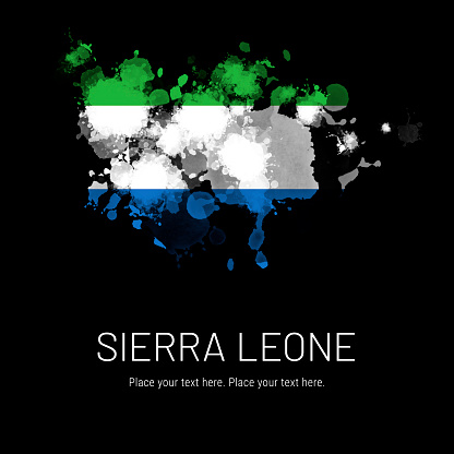 Flag of Sierra Leone ink splat on black background. Splatter grunge effect. Copy space. Solid background. Text sample.