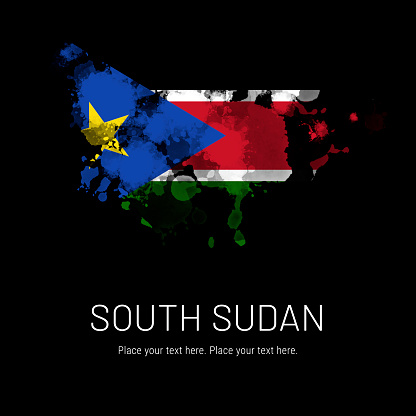 Flag of South Sudan ink splat on black background. Splatter grunge effect. Copy space. Solid background. Text sample.