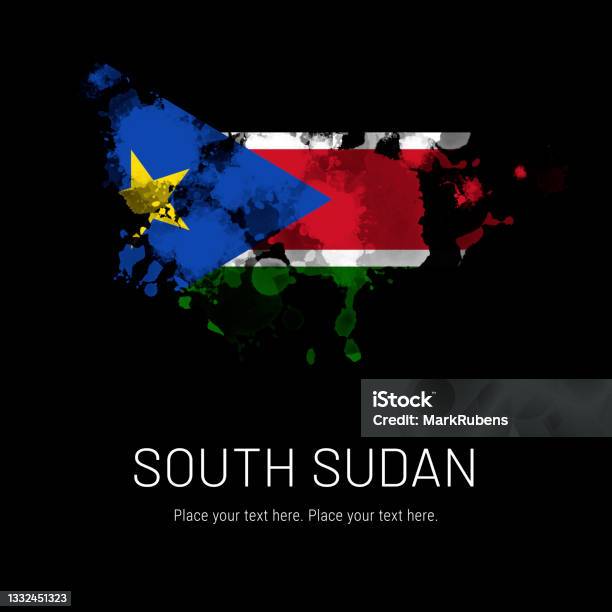 Flag Of South Sudan Ink Splat On Black Background Stock Photo - Download Image Now - South Sudan, Art, Backgrounds