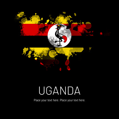 Flag of Uganda ink splat on black background. Splatter grunge effect. Copy space. Solid background. Text sample.