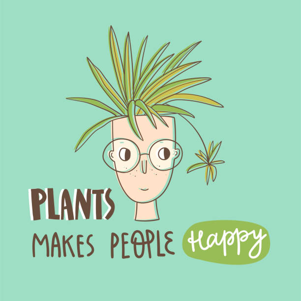 Plant lover card with hand lettering. Plants makes people happy. Plant lover card with hand lettering. Plants makes people happy. Funny doodle green hair character. chlorophytum comosum stock illustrations