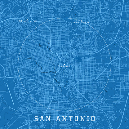 San Antonio TX City Vector Road Map Blue Text. All source data is in the public domain. U.S. Census Bureau Census Tiger. Used Layers: areawater, linearwater, roads.