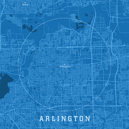 Arlington TX City Vector Road Map Blue Text. All source data is in the public domain. U.S. Census Bureau Census Tiger. Used Layers: areawater, linearwater, roads.