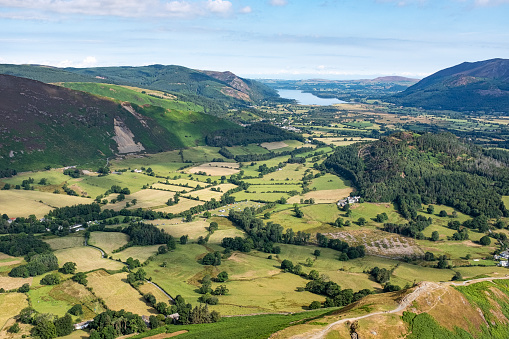 Aerial view of Bassenthwaite looking north from Keswick and Catbells.