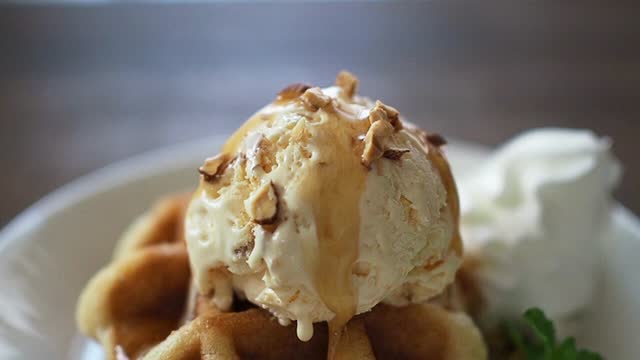 Waffles with maple syrup,nus and ice cream