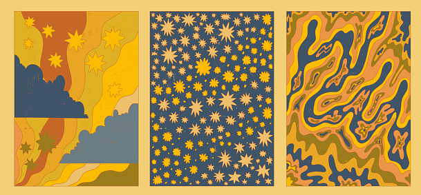 set of vector textured groovy posters.Funky psychedelic pattern.acid stains.Abstract boho postcard.Vintage card with waves, stars, clouds.Collection hippie aesthetics of the 60s and 70s.