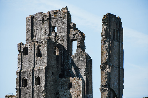 Corfe, UK - 5th of August, 2019. Old Corfe Castle Ruins Standing Tall In Corfe, UK