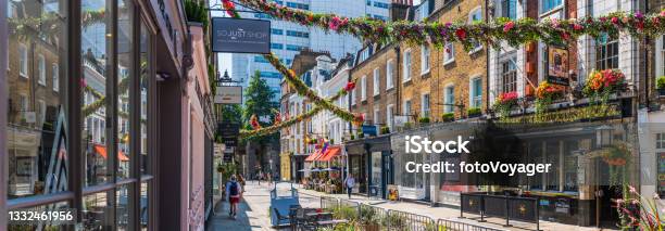 London Flower Garlanded Shopping Street In Summer Panorama Covent Garden Stock Photo - Download Image Now