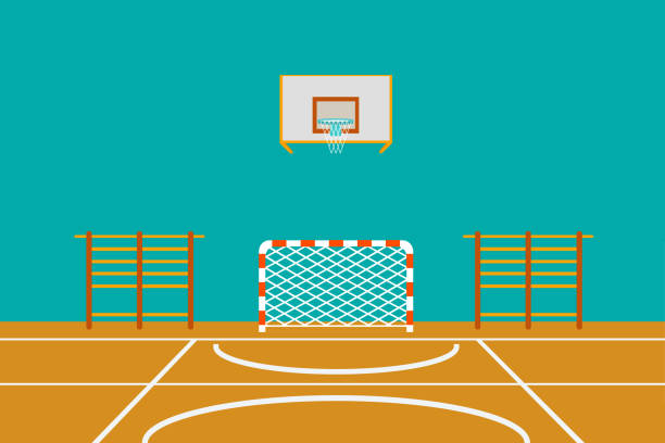 ilustraciones, imágenes clip art, dibujos animados e iconos de stock de sala de gimnasio de la escuela con portería de fútbol, aro de baloncesto y escalera gimnástica - school gymnasium illustrations