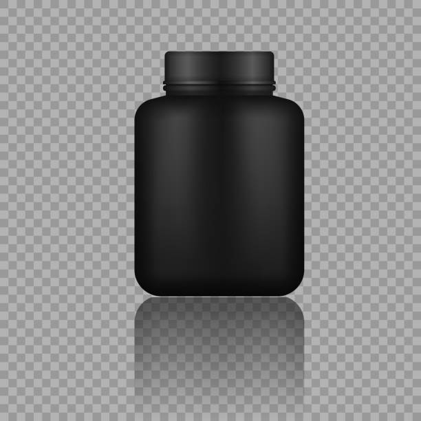 Whey protein in black plastic jar, bottle. Glossy plastic packaging mockup 3d design. Whey protein and mass gain black plastic jar, bottle. Fitness nutrition canister design template for gym and workout. Vector illustration, eps 10. bodybuilding supplement stock illustrations