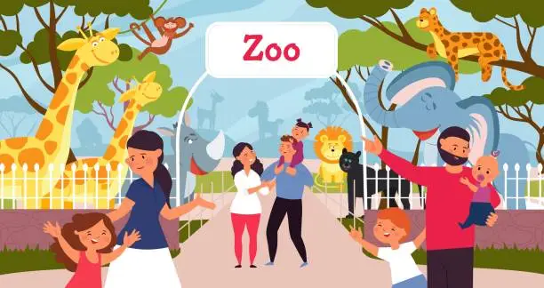 Vector illustration of Family in zoo. Smiling cartoon kids, walking in park with parents. Safari in city, giraffe monkey elephant. Wild animal and people decent vector scene