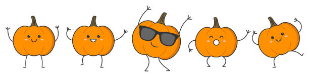 ilustraciones, imágenes clip art, dibujos animados e iconos de stock de establecer calabazas personaje de dibujos animados bailando sonriente cara calabaza vegetal emociones felices icono logotipo vector ilustración. - pumpkin