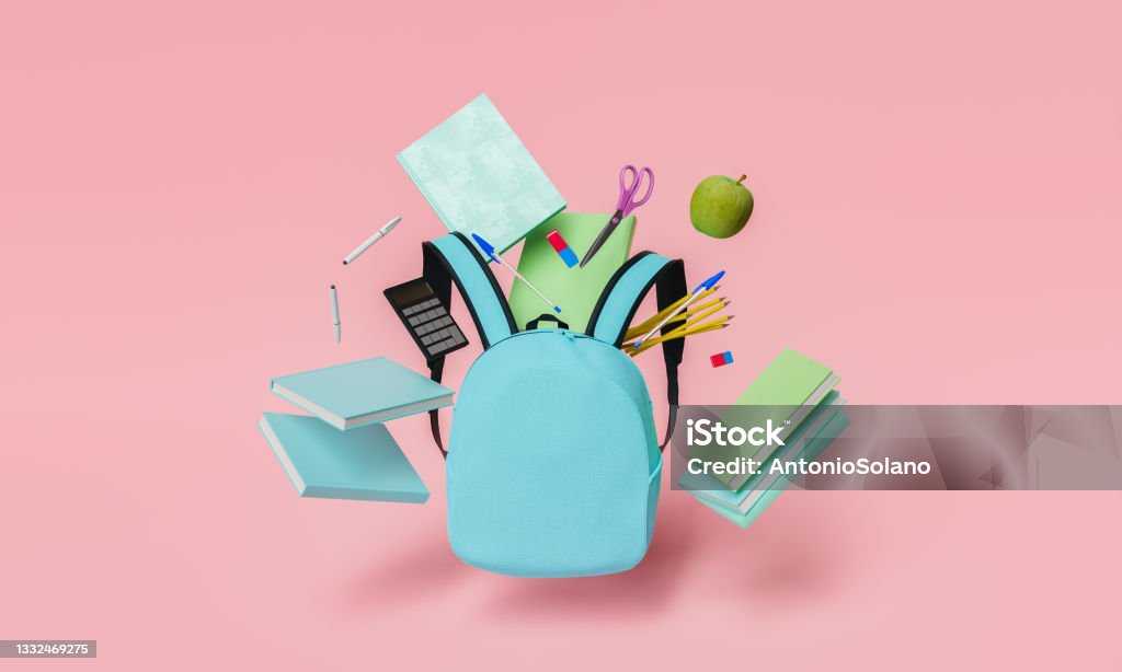 school supplies floating with blue backpack and red pastel background school supplies floating in the air with blue backpack in foreground and red pastel background. back to school and education concept. 3d rendering Education Stock Photo